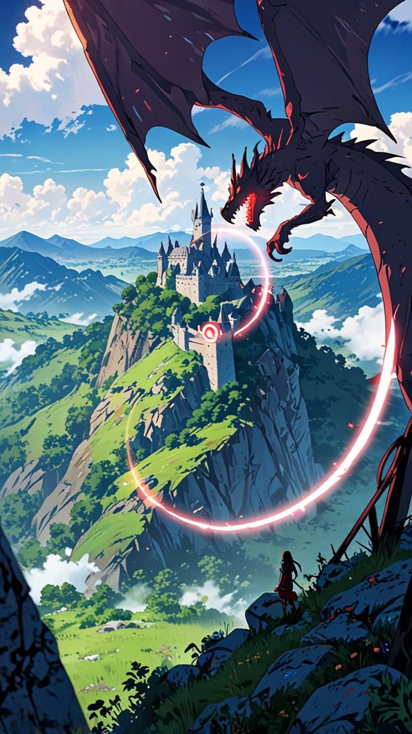 Flying dragon casts a flaming ring around a mountain castle while a lone warrior watches from a rocky overlook.