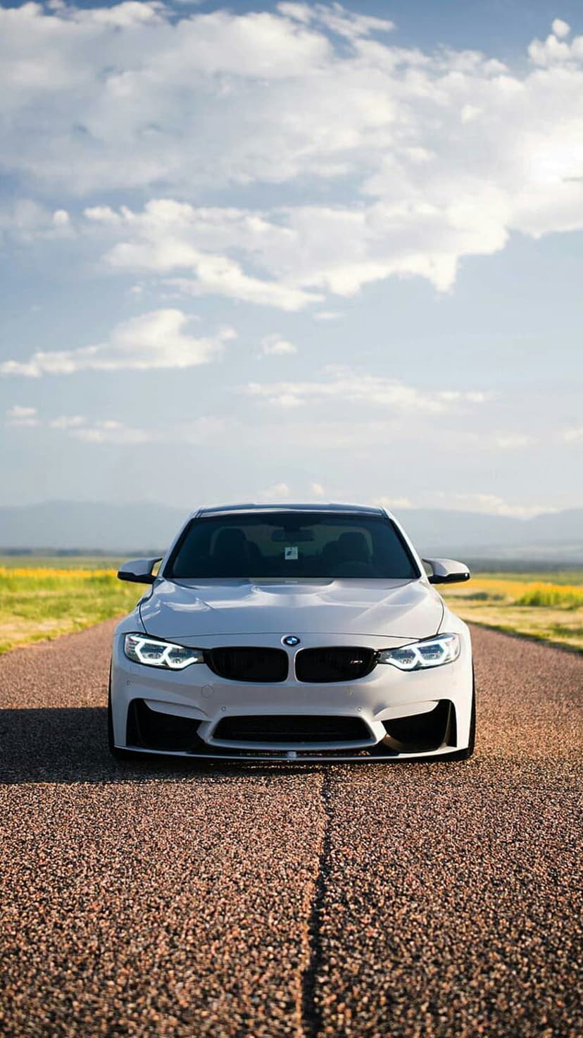 BMW M4 sports car parked on a gravel path with yellow flower fields and distant mountains under a cloudy sky.