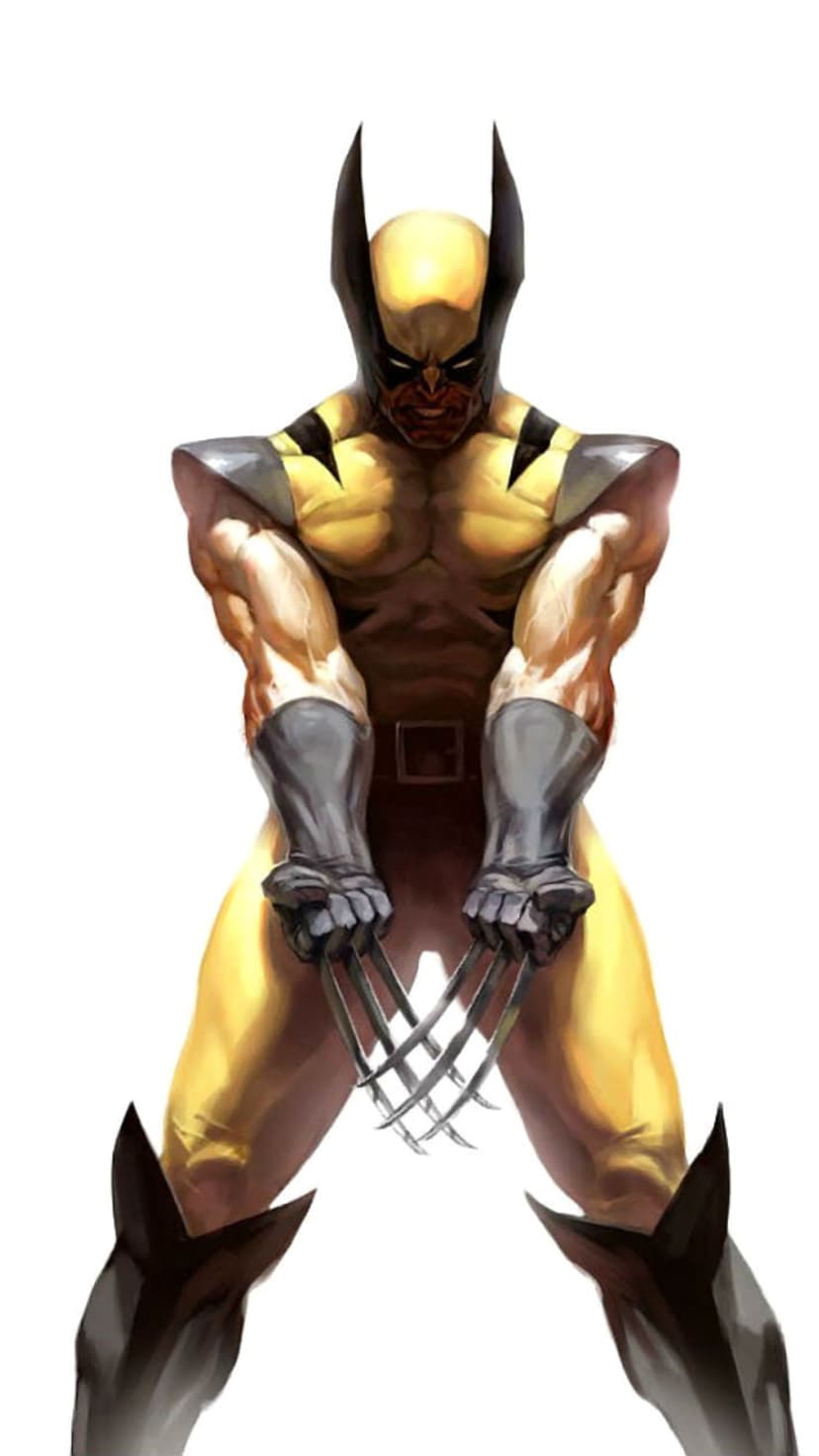 Wolverine wearing a yellow and black suit extends his metal claws while flexing in a dynamic combat stance.