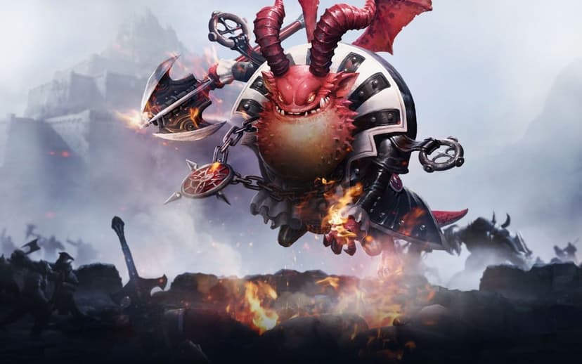 Red horned demon jumping over a fiery battlefield holding a flaming axe with a castle in the misty background.