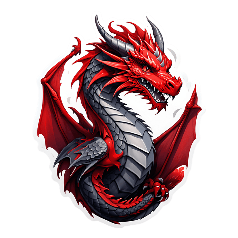 Crimson charcoal dragon sticker featuring glossy red scales, curved black horns, and a sharp white die-cut edge.