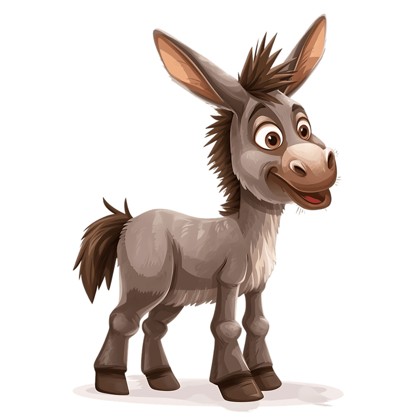 Cartoon donkey character with oversized ears and a friendly smile stands against a solid black background.