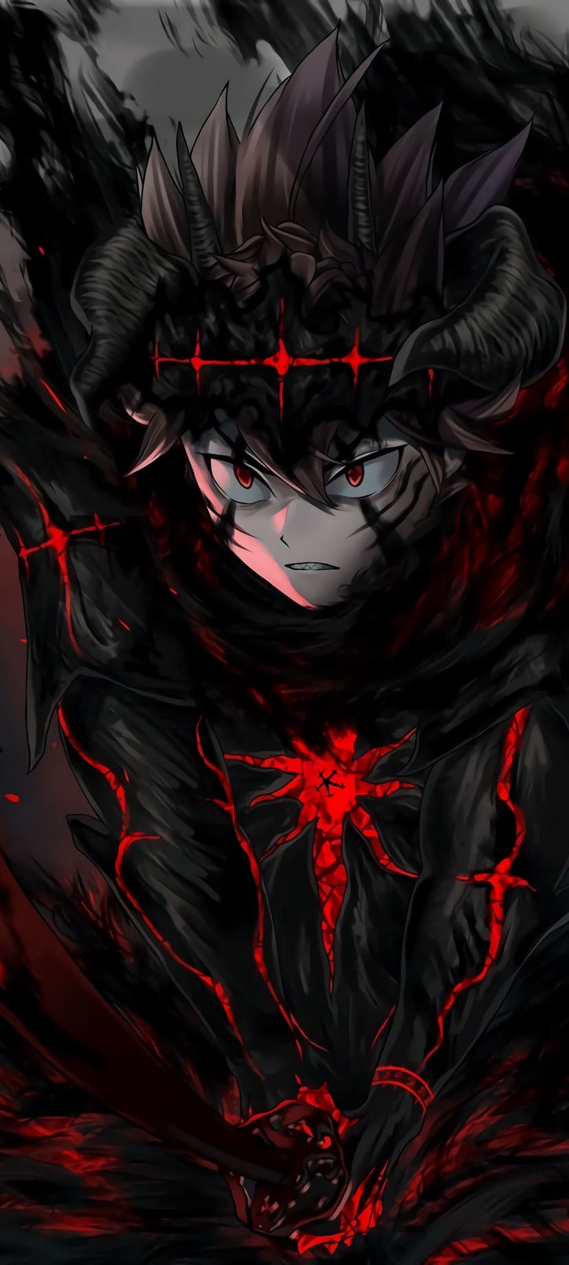 Asta features a single black horn and glowing red eyes while crimson energy markings cover his face and body.
