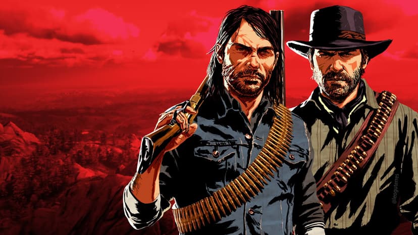 Two rugged cowboys with a rifle and bandolier stand against a stylized red mountain landscape in a gritty art style.