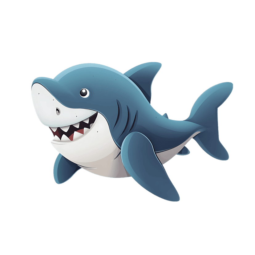 Blue shark illustration with sharp white teeth and a wide open jaw against a black background in vector style.