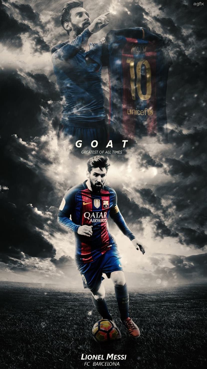 Lionel Messi dribbles a ball below a translucent figure holding a number ten jersey under a cloudy sky.