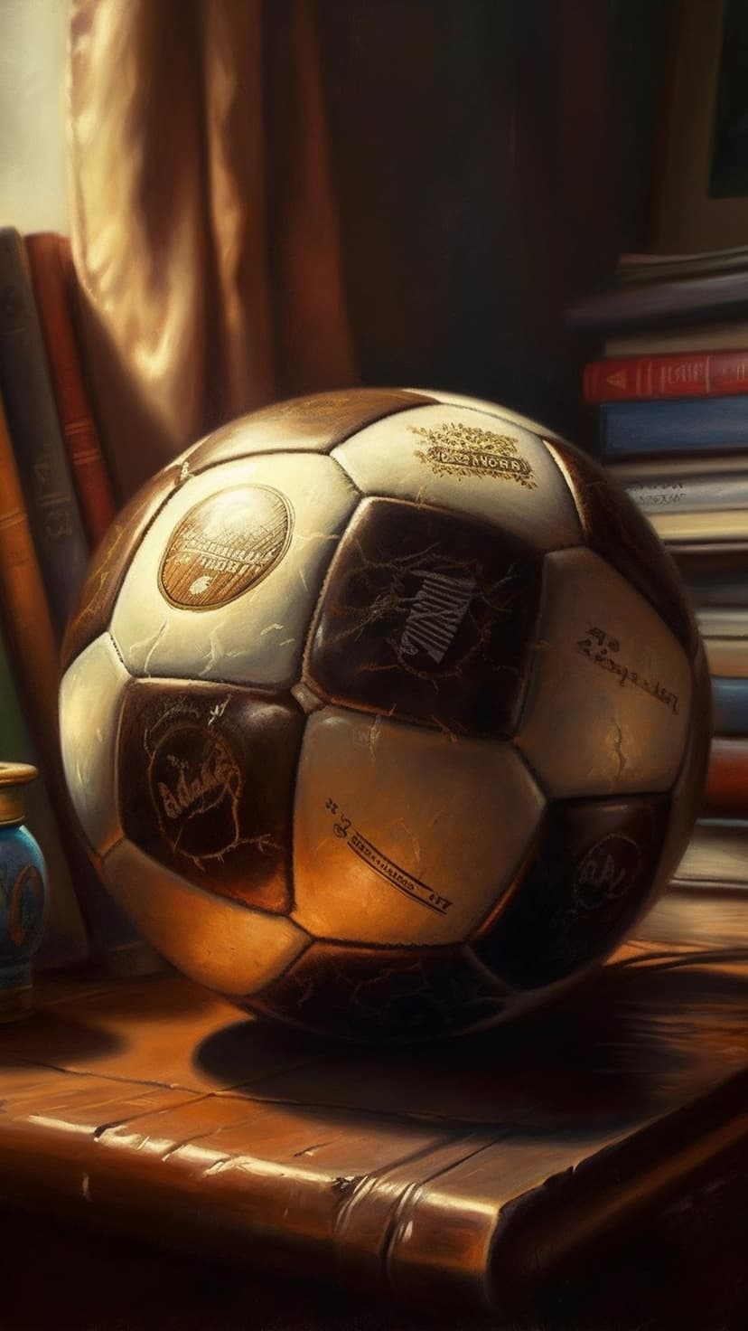 Weathered leather football with embossed text rests on a wooden table beside antique books and a velvet curtain.