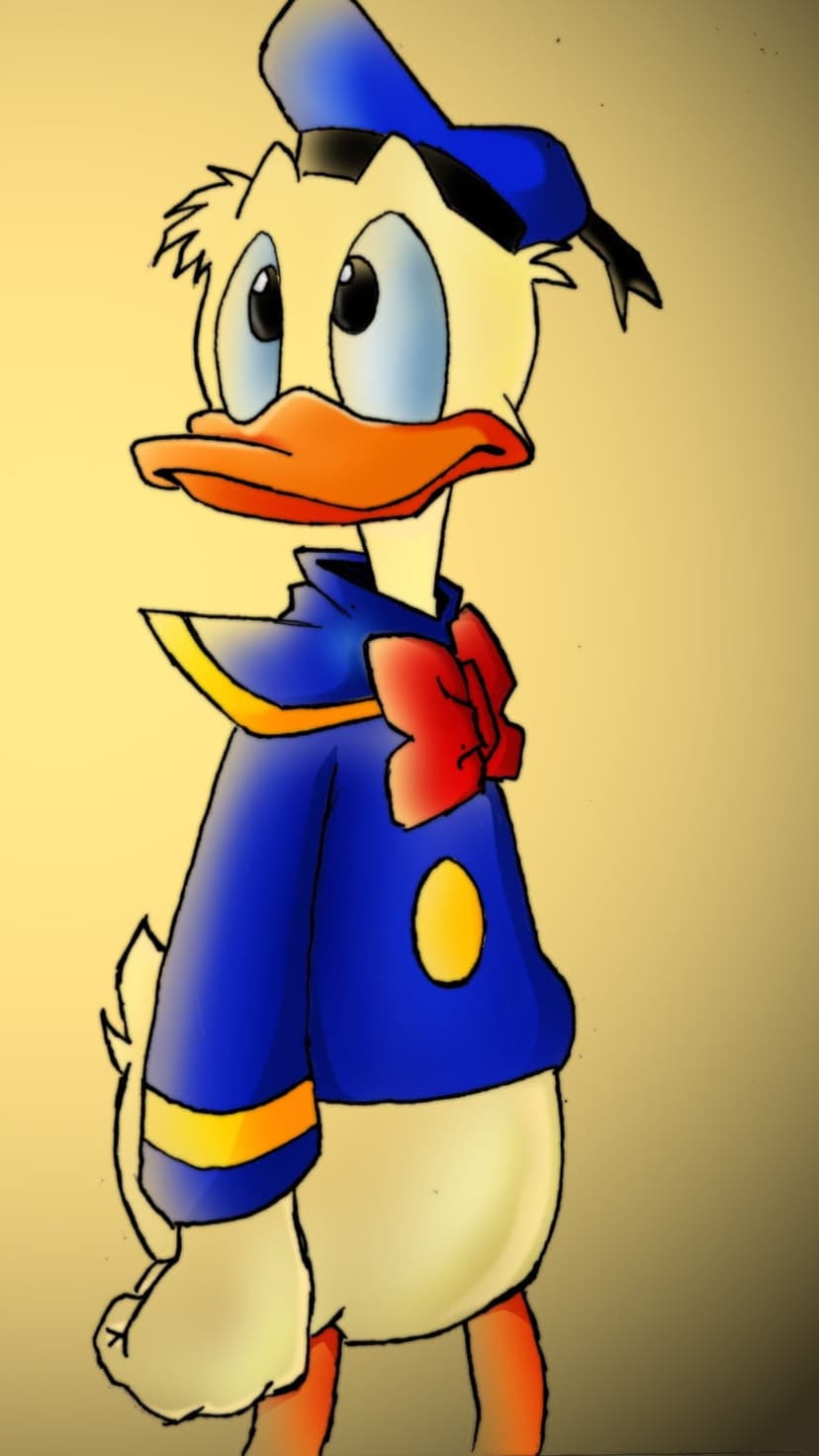 Donald Duck wears a blue sailor suit and red bow tie against a warm gradient backdrop with sharp, bold outlines.