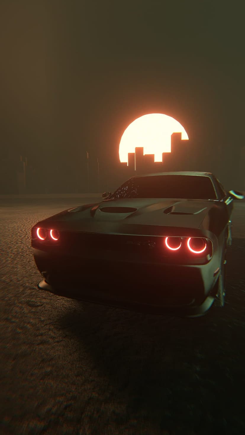 Dodge Challenger muscle car featuring glowing red headlights against a hazy orange and purple sunset cityscape.