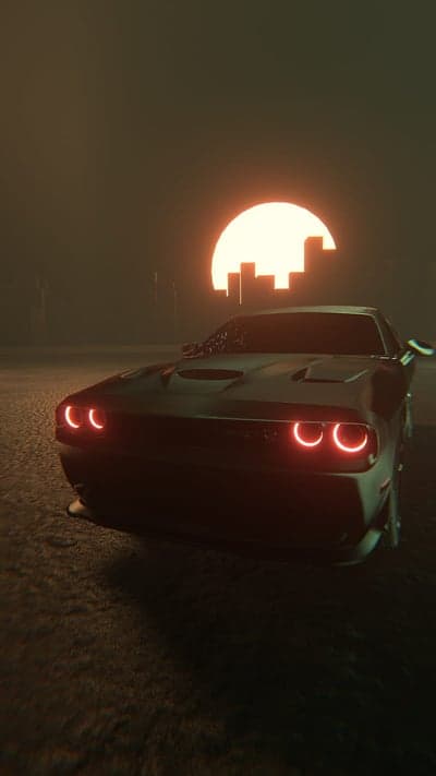 Dark Dodge Challenger Neon Sunset City Silhouette Wallpaper