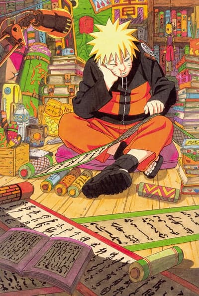 Naruto Uzumaki Sleeping Amidst Books and Scrolls