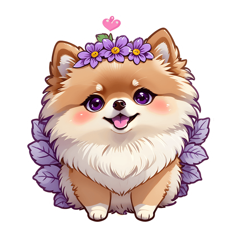 Pomeranian puppy sticker with brown fur, purple flower crown, and large violet eyes on a white die-cut background.