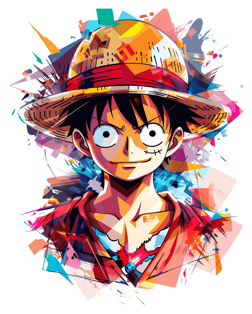 Straw hat pirate anime illustration features a character with vibrant red clothing and stylized cel-shading.