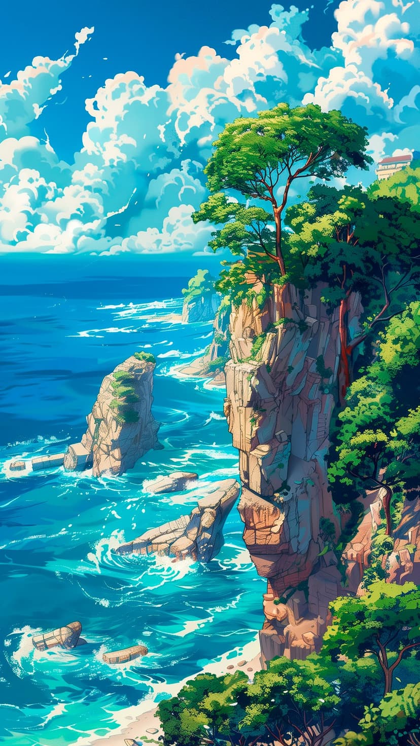 Lush green cliffs overlooking a bright blue ocean with white foamy waves and puffy clouds in a summer sky.