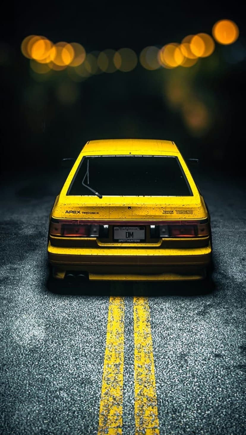 Toyota AE86 rear view on wet asphalt featuring vibrant yellow paint and warm orange bokeh light reflections.