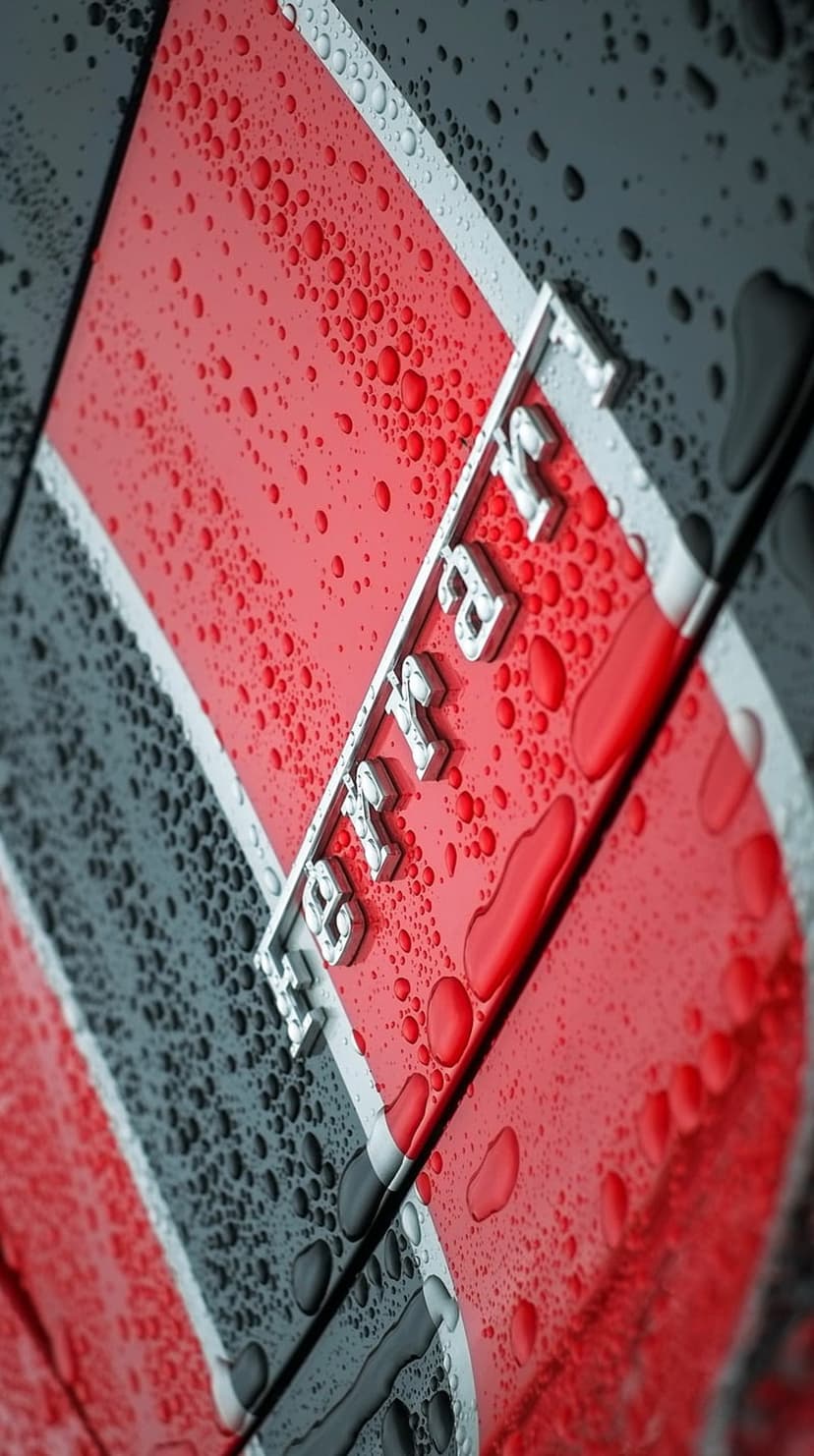 Ferrari Prancing Horse logo covered in rain droplets on a red car hood with black racing stripes in close-up.