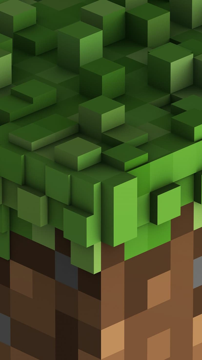 3D voxel grass block with layered green cubes on top and a brown pixelated dirt base in a vertical view.