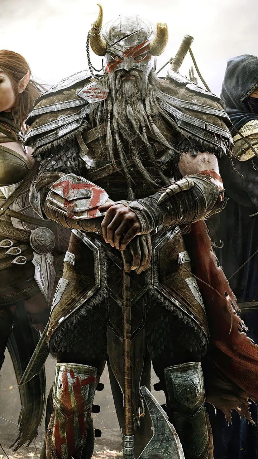 Nord warrior with a horned helmet and war paint stands with an elven woman and a robed mage in a fantasy setting.