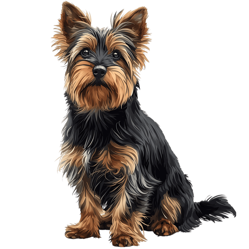 Yorkshire Terrier dog sitting in a painterly digital art style with tan and steel blue textured fur.