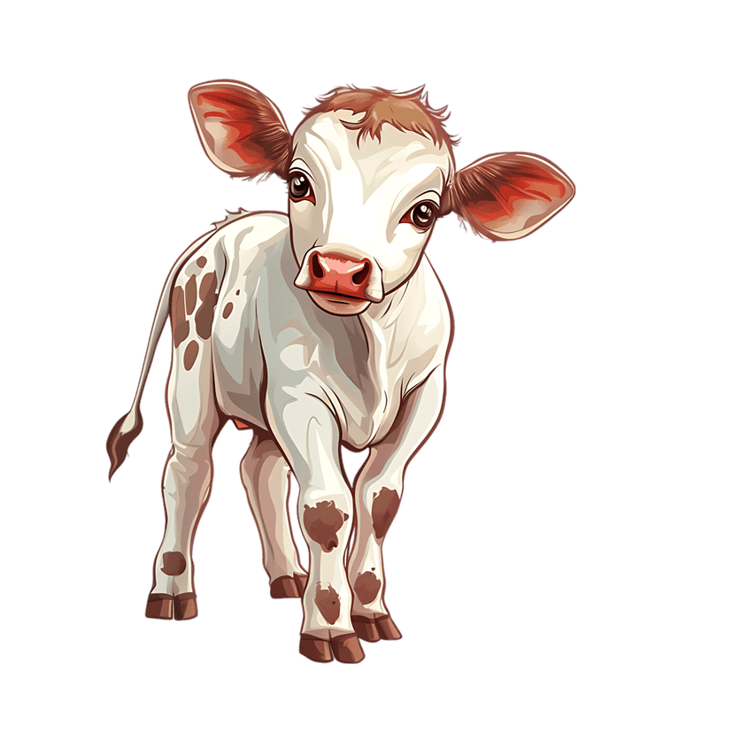 Cartoon calf illustration with white fur and brown patches standing frontally against a solid black background.