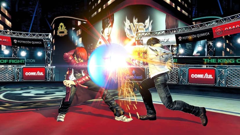 Two fighting game characters clash with a bright blue energy burst in a night stadium with city billboards.