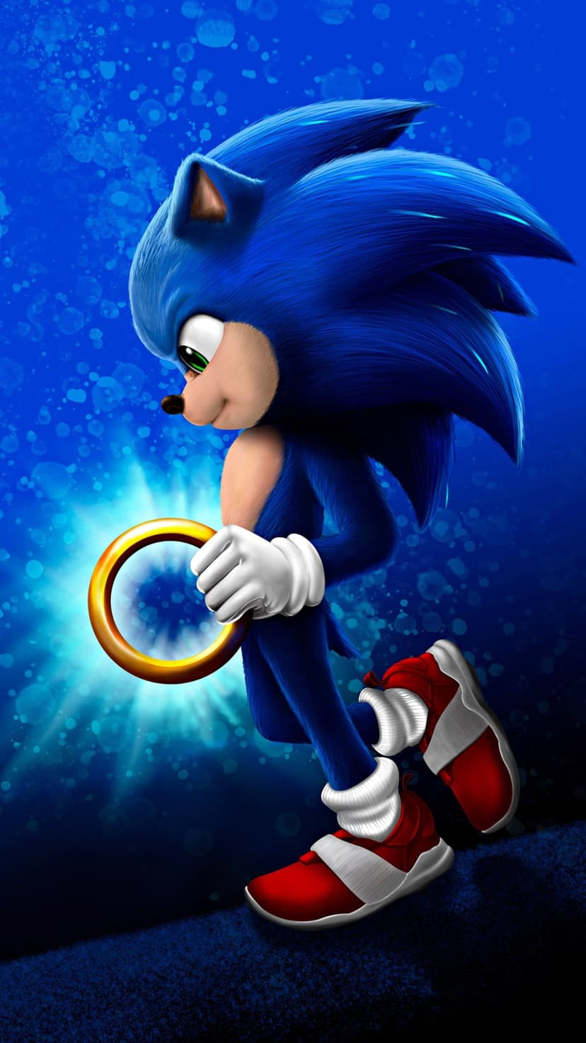 Sonic the Hedgehog holds a glowing gold ring while standing against a textured blue background with light flares.
