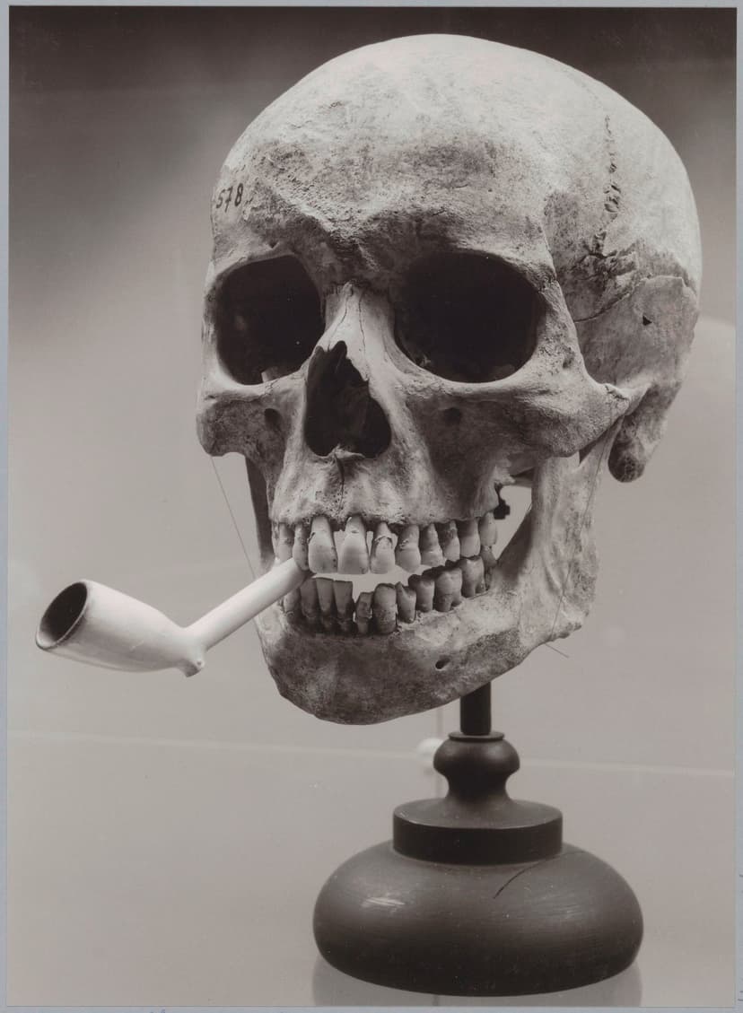 Human skull with a tobacco pipe in its teeth sits on a dark display stand in a vintage sepia photograph.