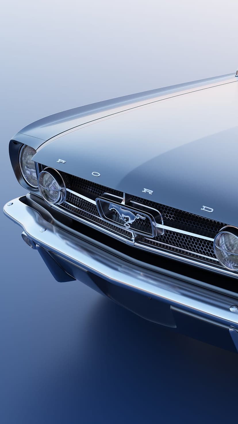 Chrome Ford Mustang grille featuring the horse emblem and a circular glass headlight against a blue background.