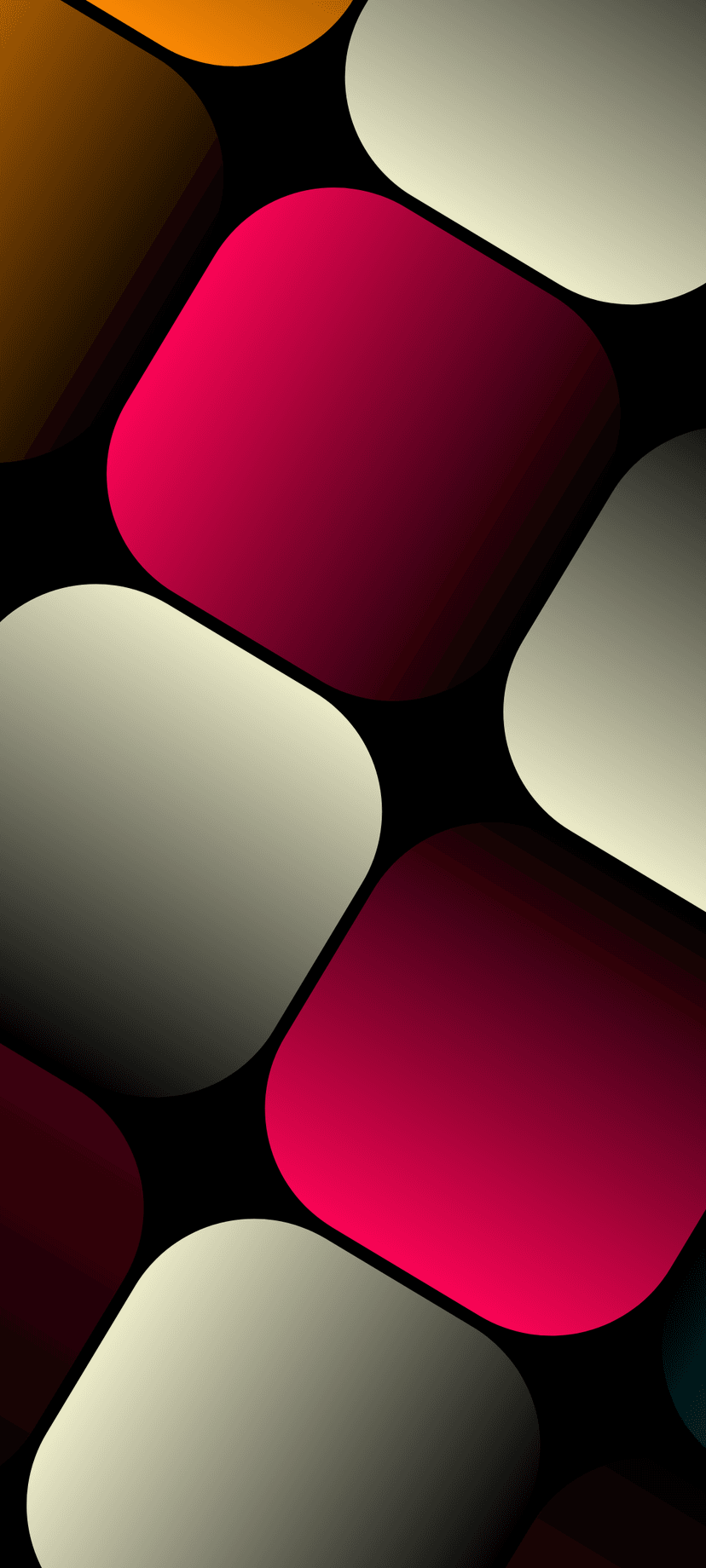 Rounded geometric shapes with pink and orange gradients overlap against a solid black background.
