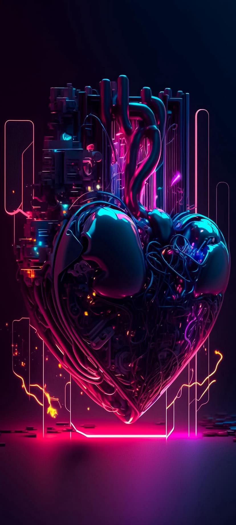 Mechanical heart with glowing pink and blue circuitry, intricate wiring, and fiber optic cables on dark background.
