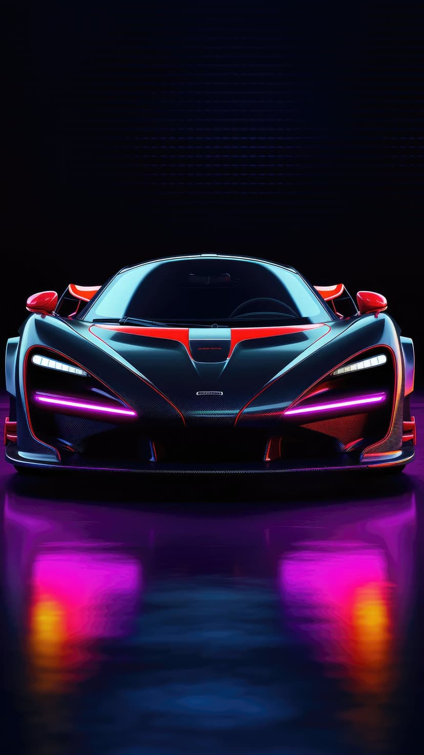 McLaren Senna hypercar with glowing pink and orange accents reflecting off a wet surface in a low-angle view.