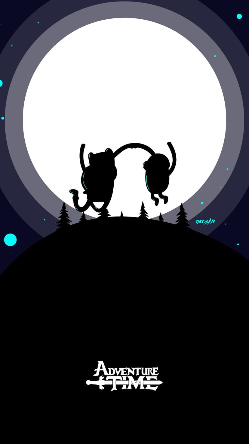 Finn and Jake dance in silhouette on a hill beneath a huge glowing moon and a dark starry night sky.