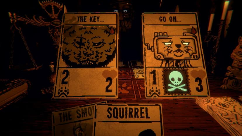 Two pixel-art cards sit on a wooden table under dim candlelight with a mysterious face in the dark background.