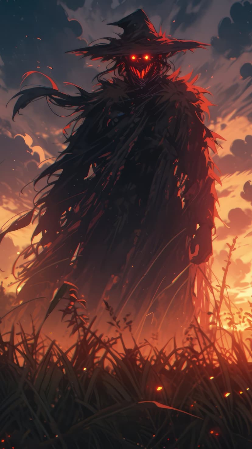 Malevolent scarecrow with a toothy grin and red glowing eyes stands in a field under a fiery sunset sky.
