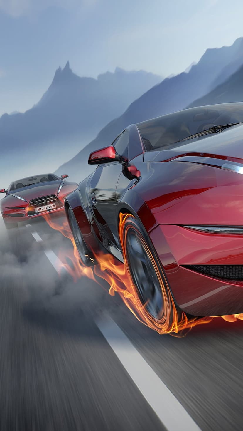 Red sports cars race on a mountain highway with orange flames erupting from the tires amid misty peaks.