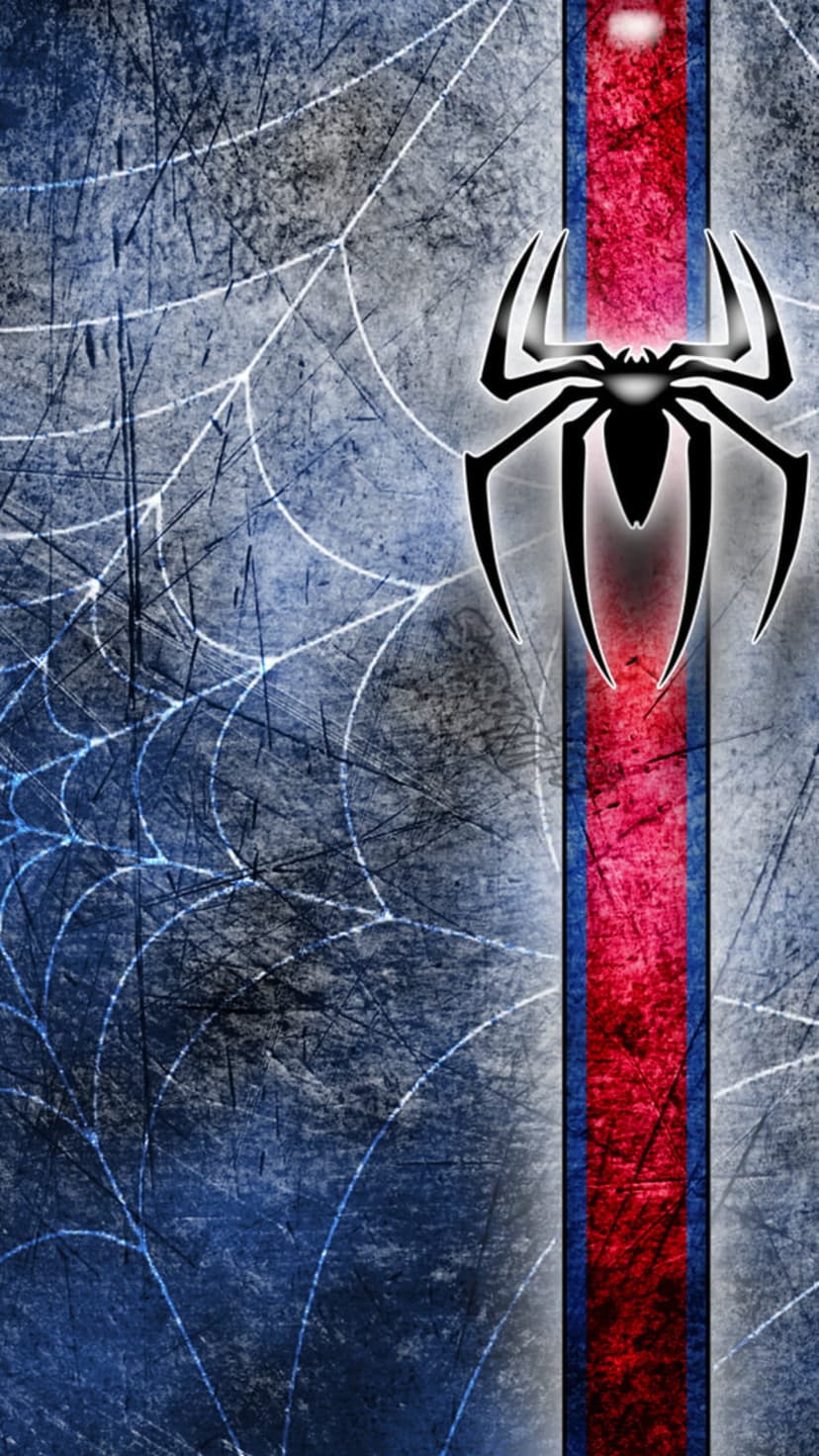 Black Spider-Man logo centered on a textured red and blue vertical stripe with subtle web patterns and grunge.