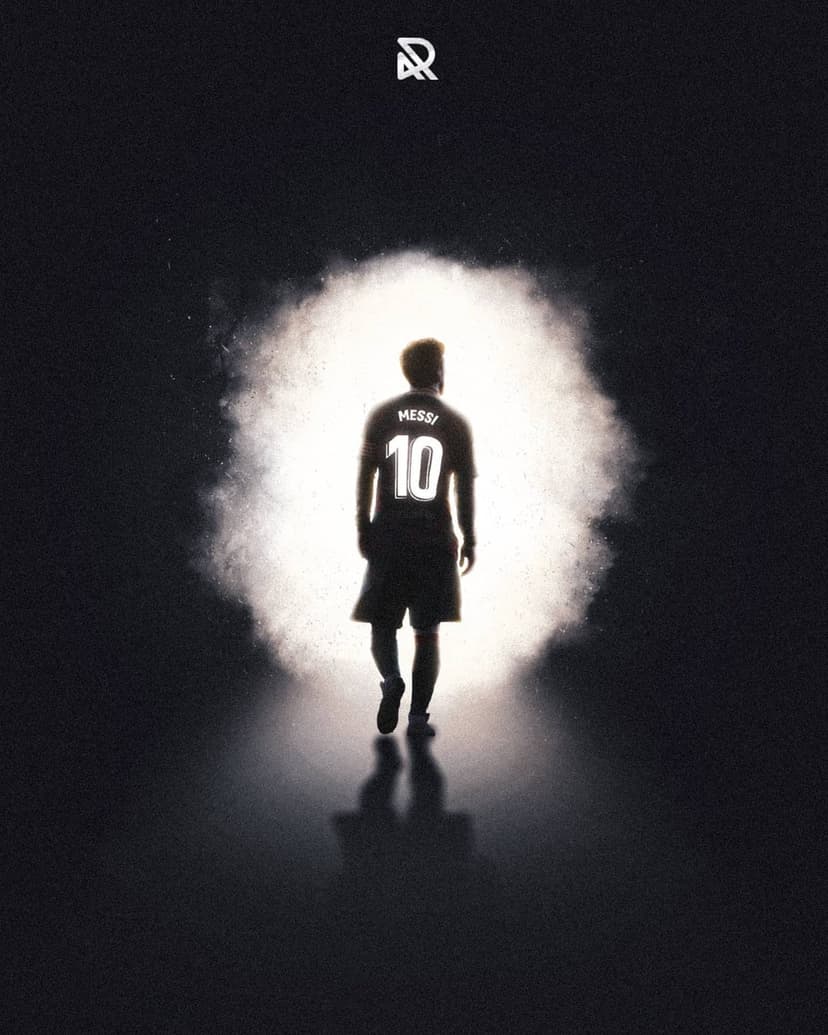 Lionel Messi wearing jersey number ten walks away from the viewer toward a bright white light in a dark space.