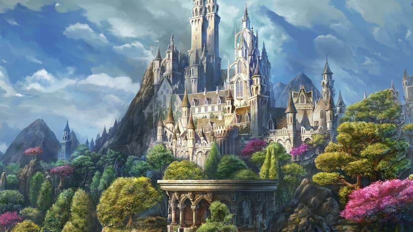 Grand white fantasy castle with tall spires on a mountain slope surrounded by green and pink trees.