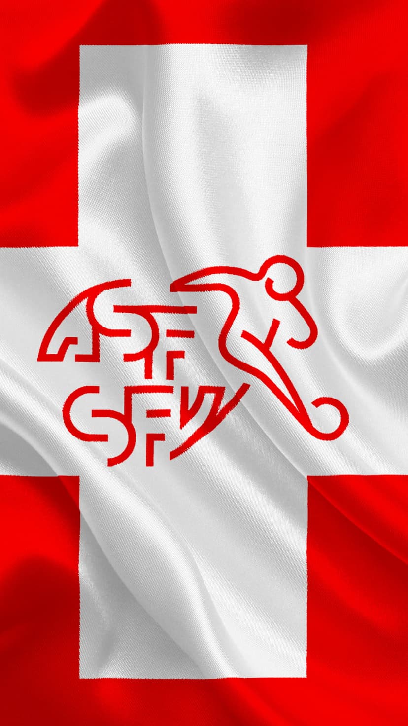 Swiss cross and soccer logo featured on a rippling red fabric background for vertical mobile screen displays.