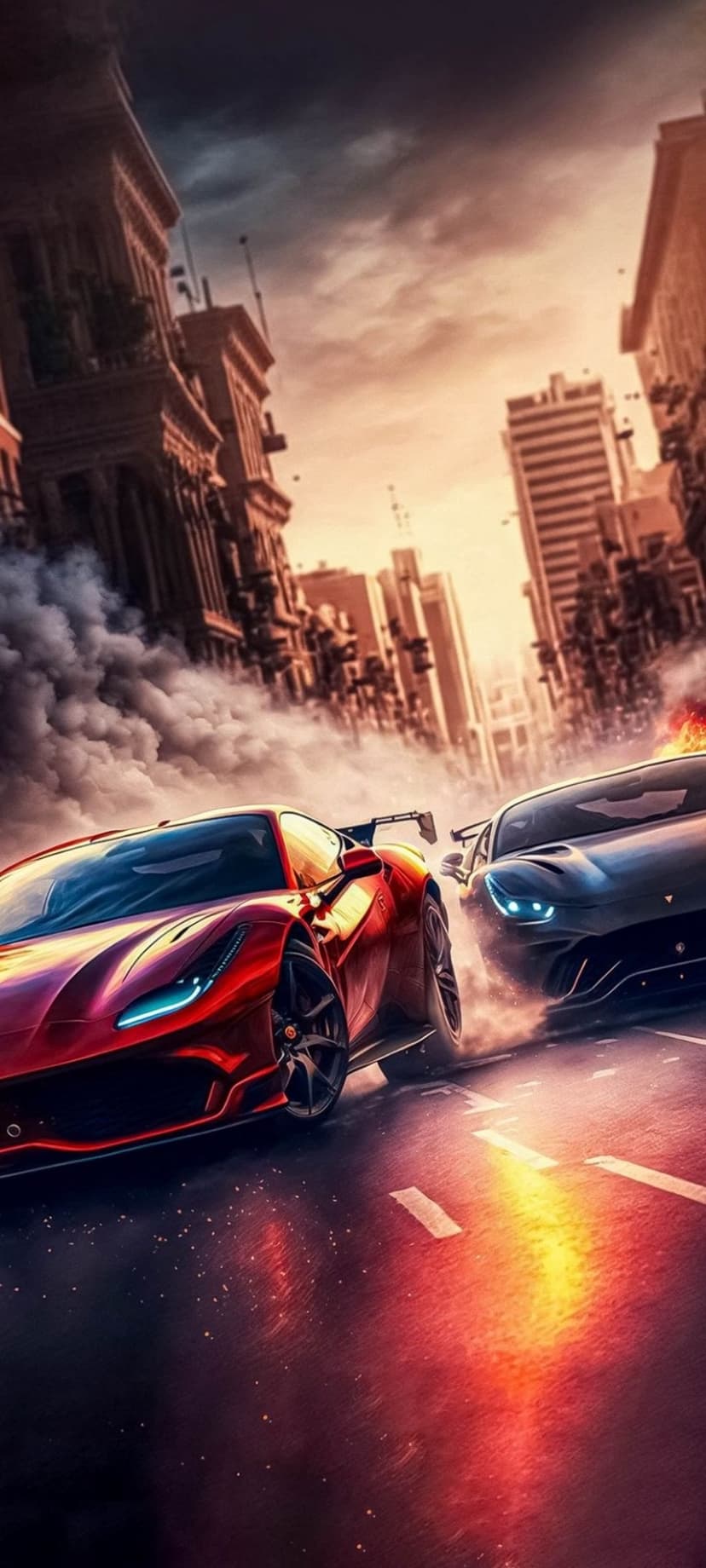 Two supercars race on wet city streets during a golden sunset with tire smoke and towering skyscrapers.