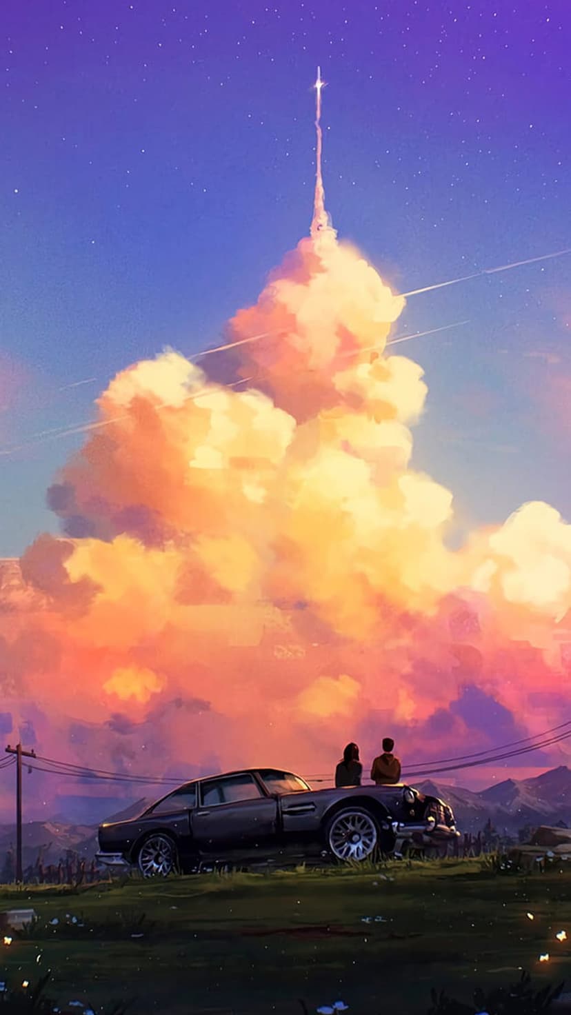 Couple sits on a vintage car roof watching a glowing rocket launch into a purple and orange sunset sky.