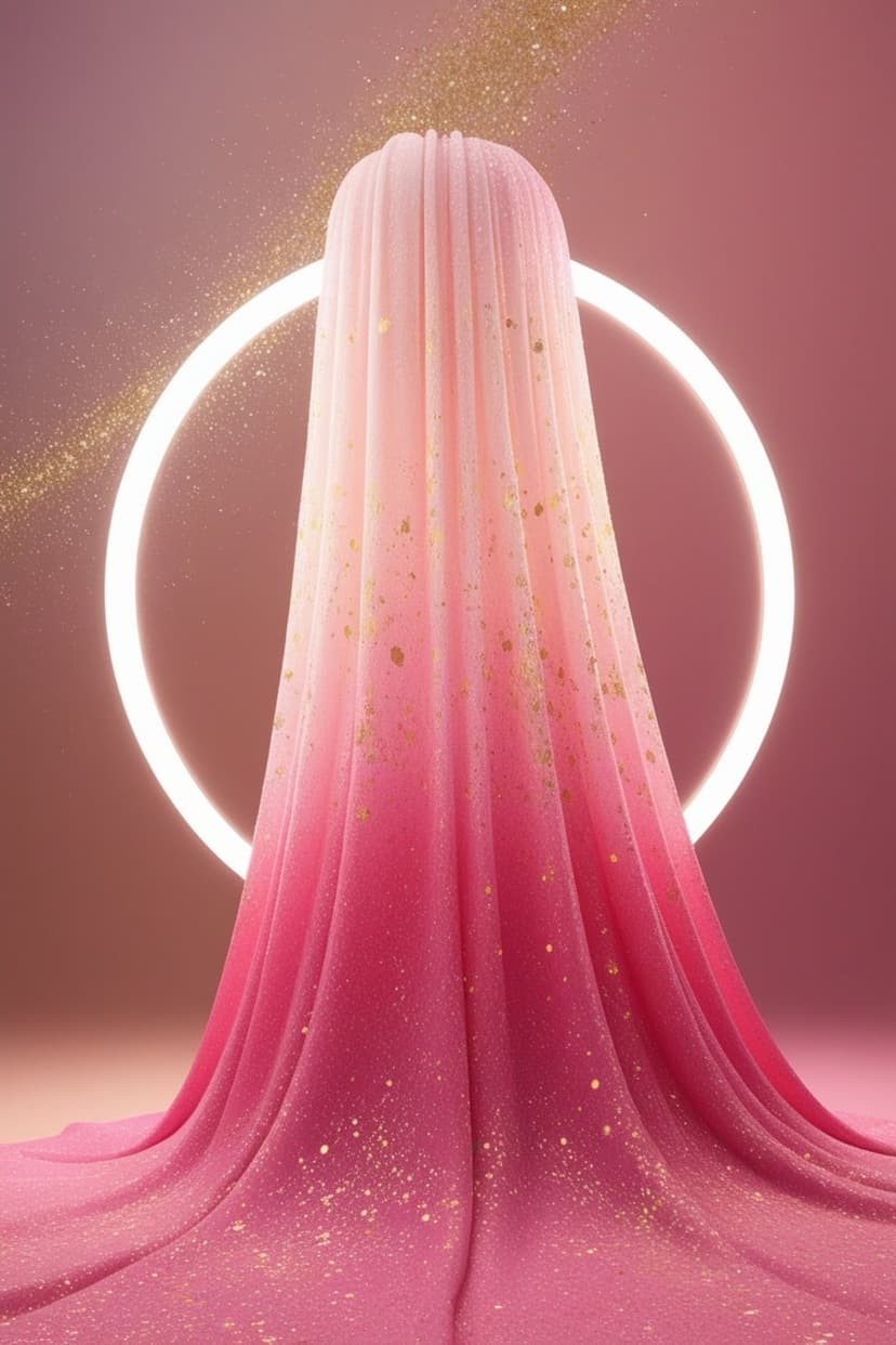 Pink flowing fabric with gold glitter swirls around a glowing white circle against a soft bokeh background.