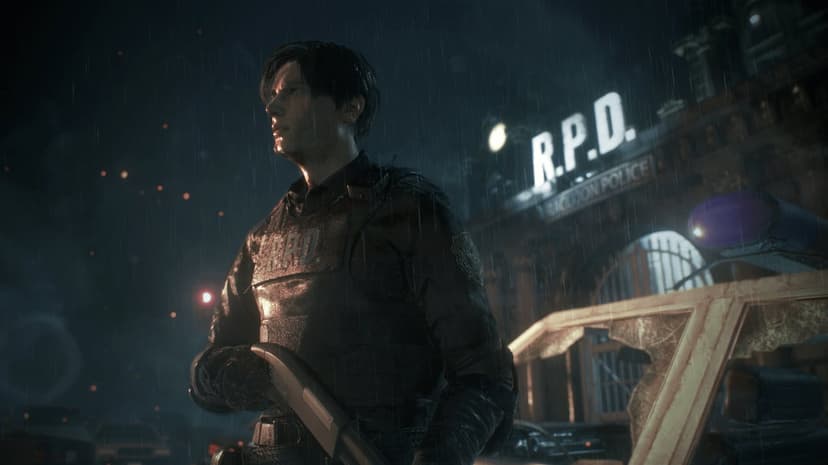 Leon Kennedy in RPD gear stands in the rain outside a police station with glowing signs and police car lights.