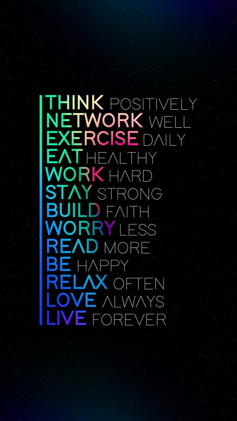 Multicolored gradient motivational text displays life advice over a dark sky filled with glowing white stars.