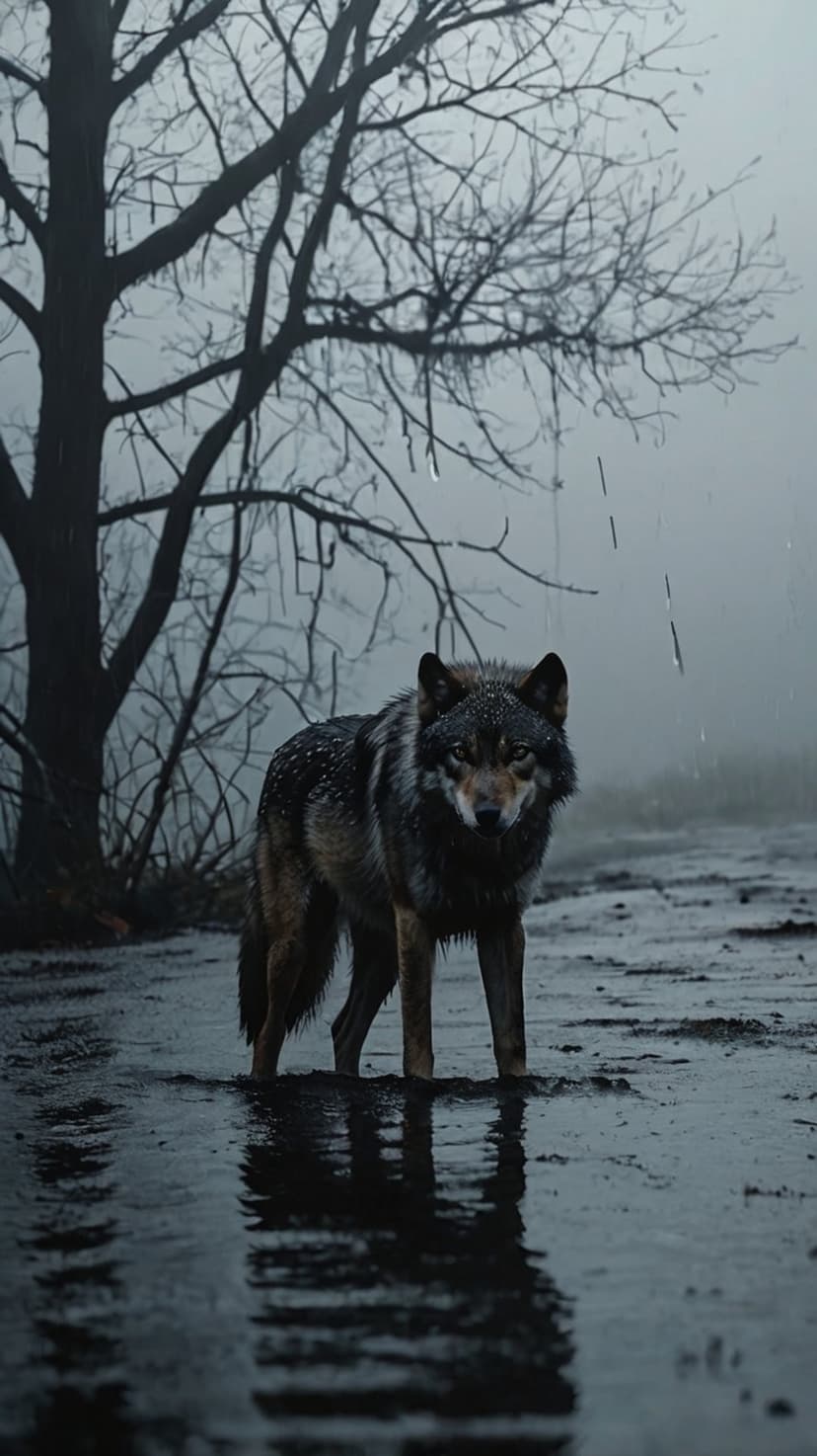 Wolf with wet fur stands in shallow water during a misty rain storm near bare tree branches in a gray forest.
