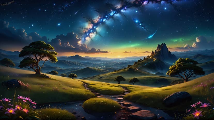 Starry sky celestial horizon features bright constellations over dark mountain peaks in a digital painting style.