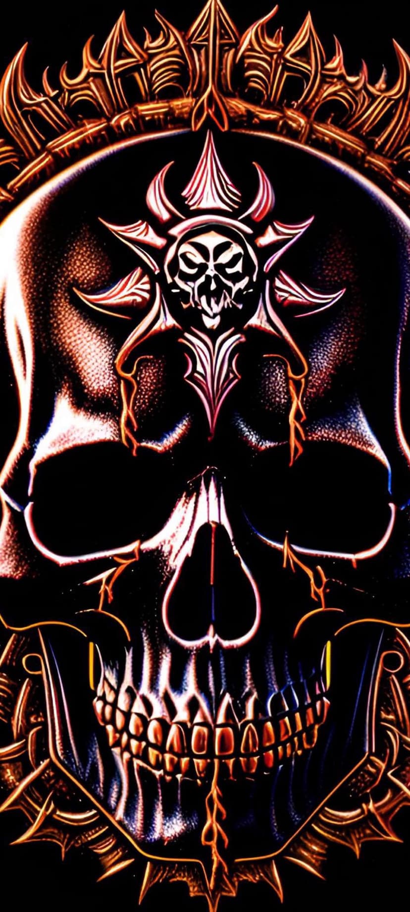 Human skull wearing a burning golden crown with purple and orange highlights against a dark ornate background.
