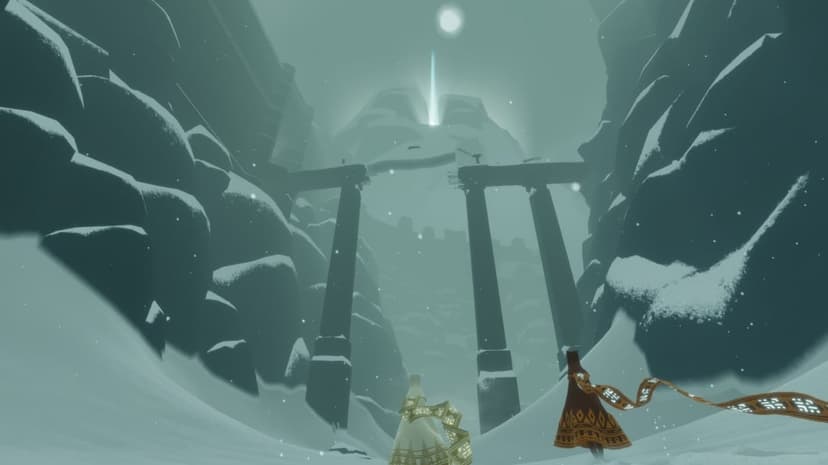 Two cloaked travelers stand in a snowy valley facing a glowing mountain peak under a teal hazy sky.