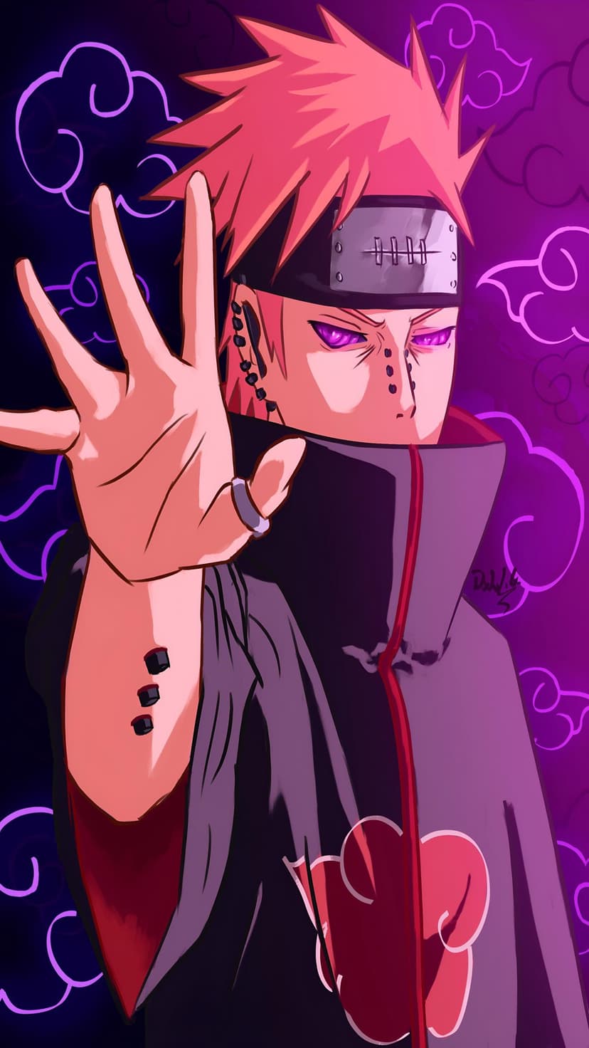 Pain stares forward with purple Rinnegan eyes, black facial piercings, and a red cloud Akatsuki cloak design.