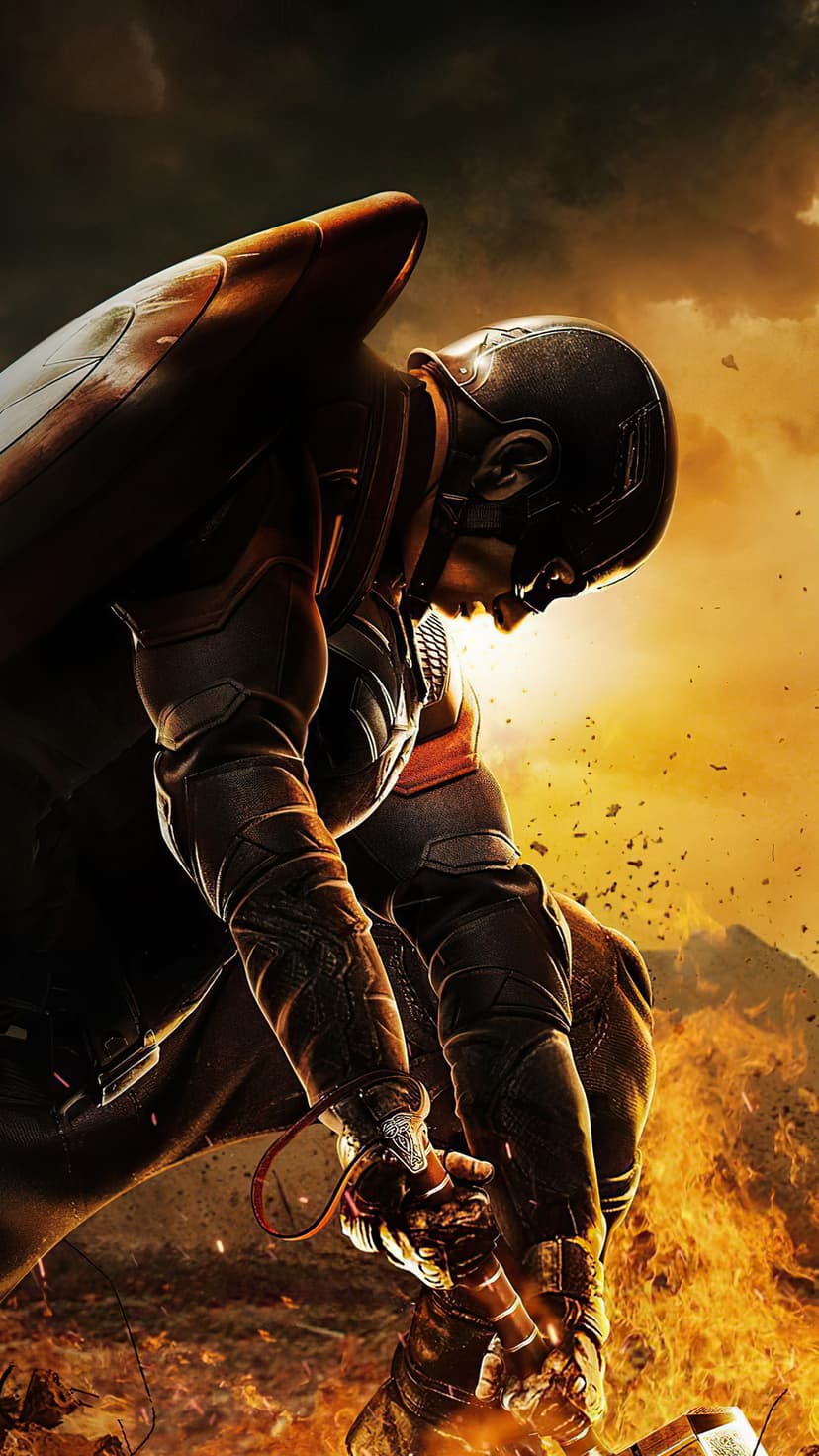 Captain America crouches in a scorched battlefield holding Mjolnir under a dark, stormy, lightning-filled sky.